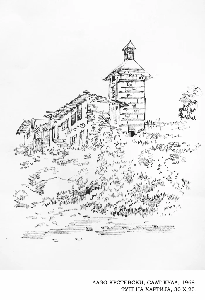 1968. Лазо Крстевски, Саат кула, 1968, туш, 30 x 25